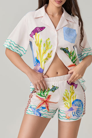 Coastal Seashell Satin Unique Print Pocket Loose Shirt and Elastic Waist Shorts Set