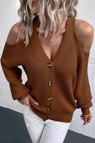 Cold Shoulder Plunge Neck Ribbed Cardigan