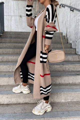 Elegant Striped Patchwork Loose Long Sleeve Sweater Cardigan