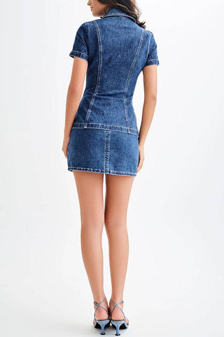 Modern style denim short sleeved button high waisted skirt set