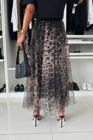 Tulle Leopard Print Elastic Waist A-line Maxi Skirt