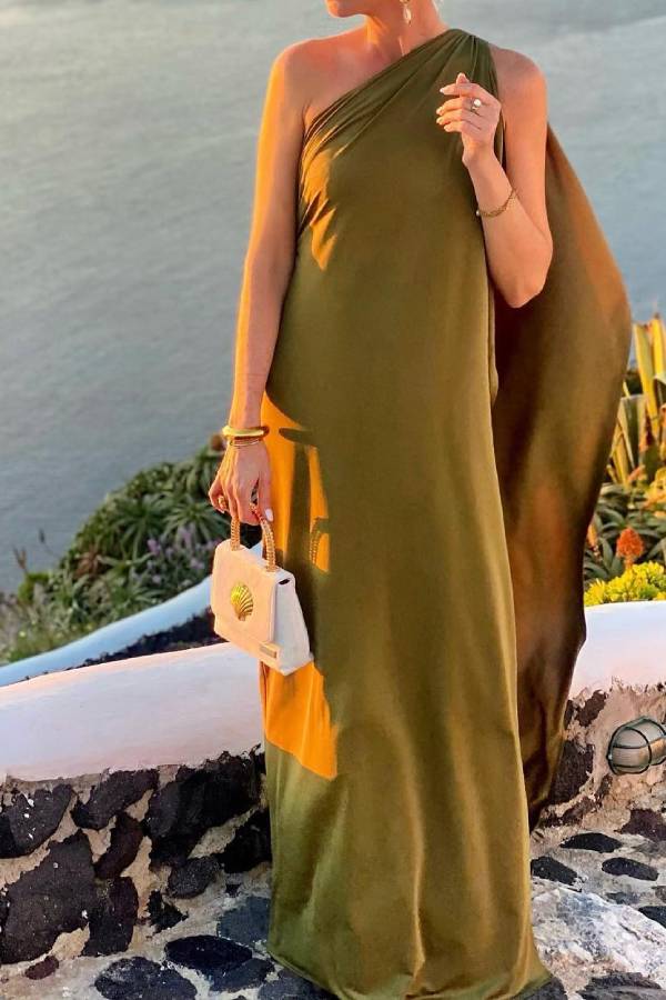 Solid Color Irregular Oblique Collar maxi Dress