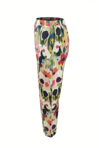 Casual Art Flower Print Straight Pocket Pants