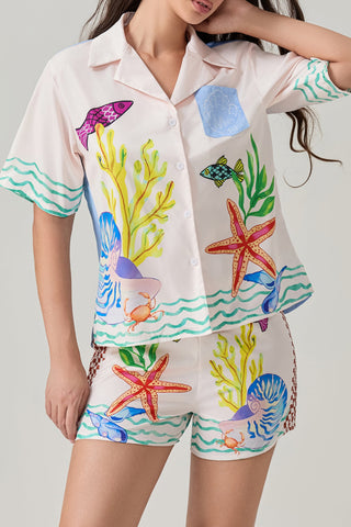 Coastal Seashell Satin Unique Print Pocket Loose Shirt and Elastic Waist Shorts Set