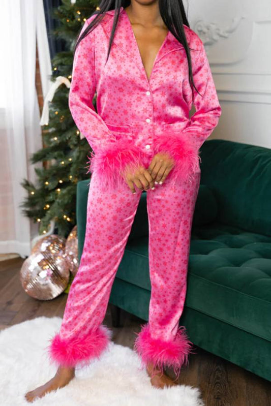 Christmas satin printed casual long sleeved long pants pajama set