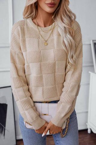 Parchment Plaid Crew Neck Knit Sweater