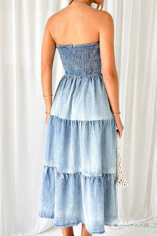 Slit Smocked Tube Tiered Denim Dress