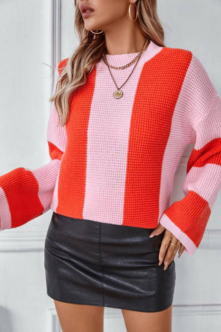 Color Block Round Neck Long Sleeve Sweater