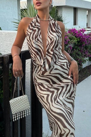 Linen blend animal print neck hanging maxi dress