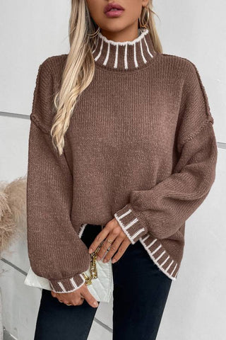 Casual Long Sleeve Mock Neck Color Block Loose Pullover Sweater