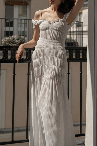 French pleated slim seaside resort style maxi dress