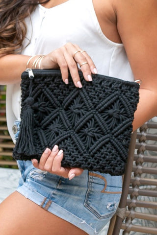 Diamond Pattern Macrame Tassel Clutch