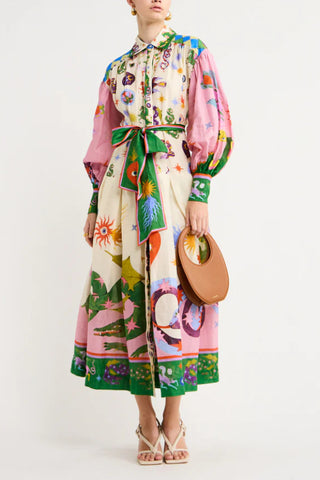 Special print lantern sleeve midi dress