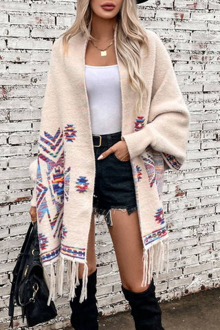 Open Front and Wraps Knit Cape Pop Aztec Geometric Ethnic Style Tassel Design Cardigan