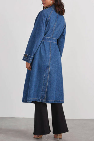 Solid Color Denim Double Pocket Button Down Midi Trench Coat