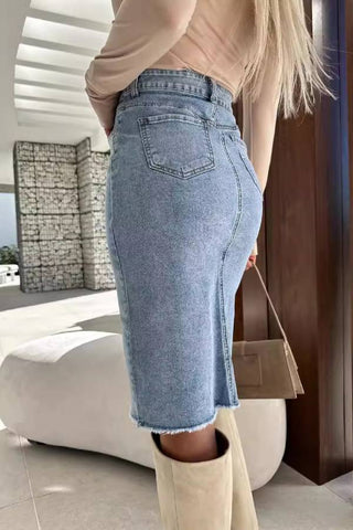 casual slit style solid color denim bag hip skirt