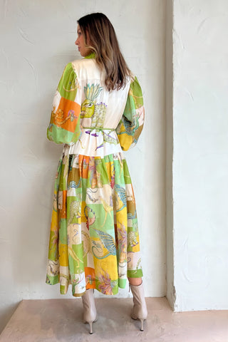 Single Breasted Lantern Sleeve Printed Tie Waist Dress