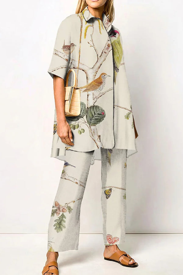 Fashion Floral And Bird Printed Shirt Two Piece Set