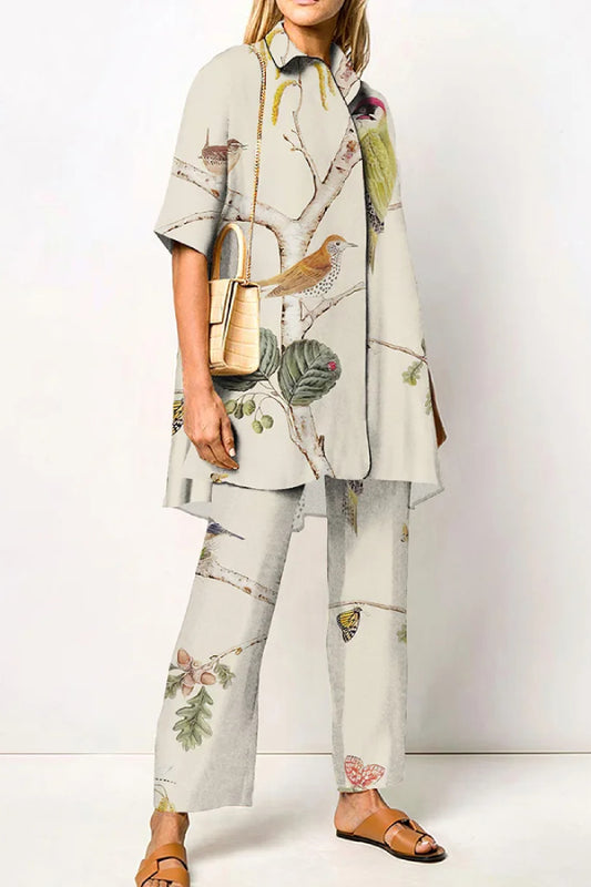 Fashion Floral And Bird Printed Shirt Two Piece Set