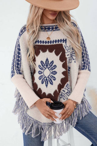 Retro ethnic style one neck pullover sweater shawl