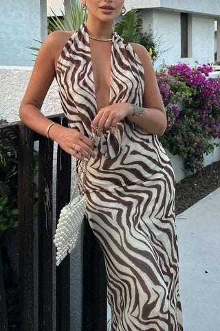 Linen blend animal print neck hanging maxi dress