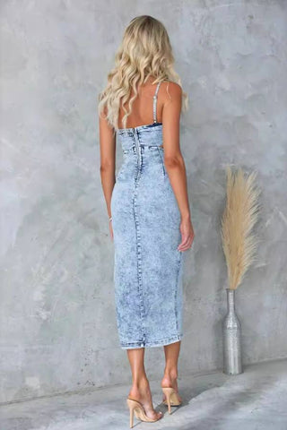 Fashionable camisole vintage sexy denim midi dress