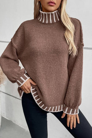 Casual Long Sleeve Mock Neck Color Block Loose Pullover Sweater