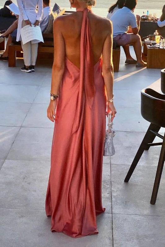 Satin Halter Backless Maxi Dress