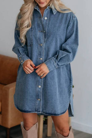 casual button long sleeved denim mini dress