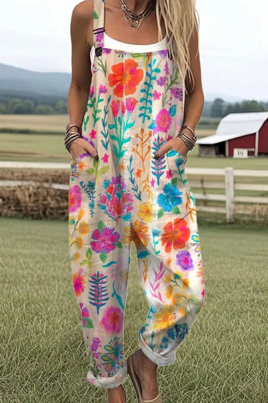 Women's Vintage Flowers Art Print Casual 100% Cotton Wide Leg Jumpsuit