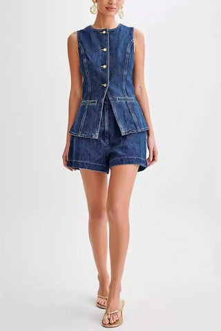 Fashion and casual sleeveless high waisted denim shorts set