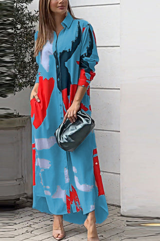 Fashionable casual printed loose slit shirt maxi dress