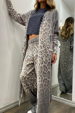 Leopard print long sleeved cardigan jacket and pants set