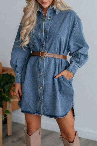 casual button long sleeved denim mini dress