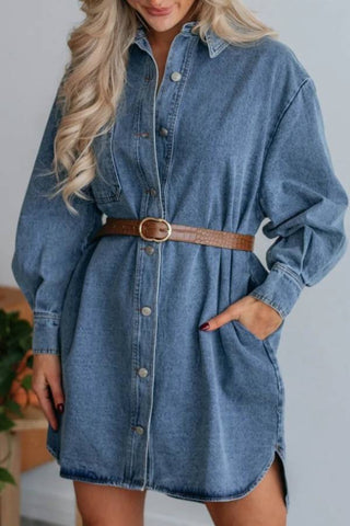 casual button long sleeved denim mini dress