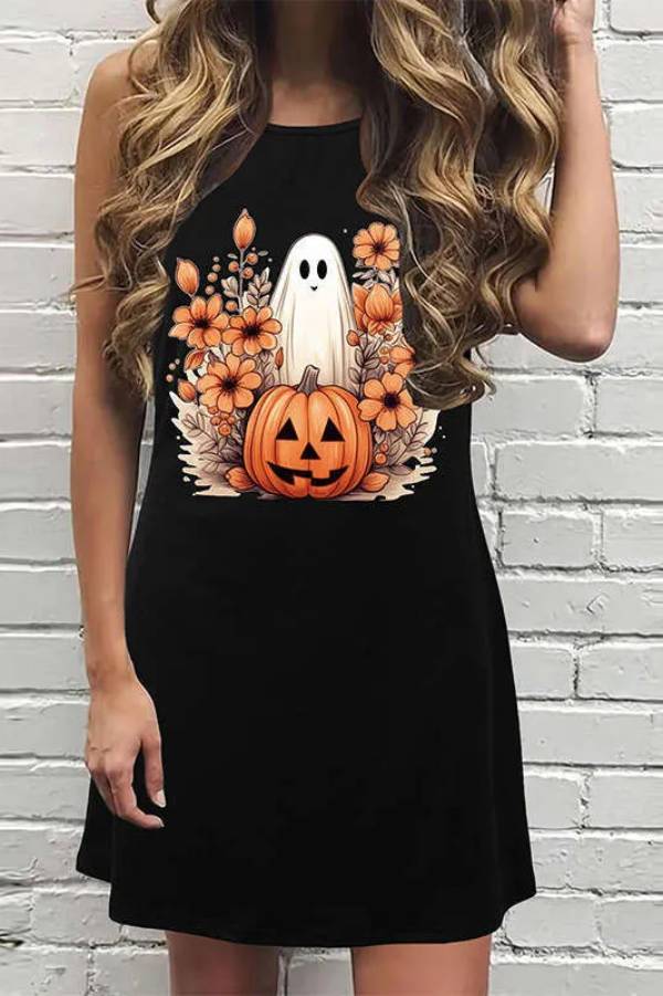 Halloween Style Ghost Print Sleeveless Crew Neck Black Mini Dress