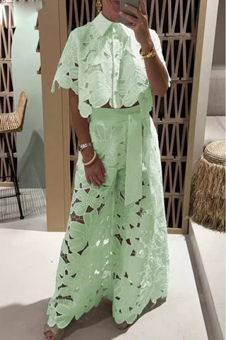 Casual Lace Blouse Wide Leg Pants Suit