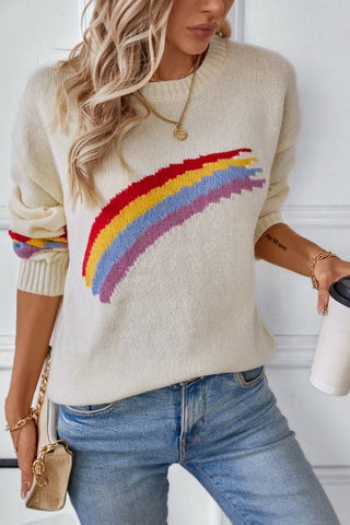 Fashion rainbow striped jacquard knitted sweater