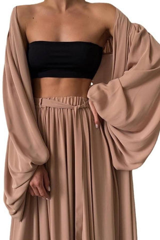 Strapless and flowing wide leg floor pants set