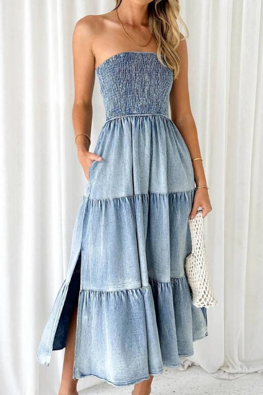 Slit Smocked Tube Tiered Denim Dress