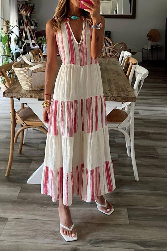 Casual Striped Patchwork V Neck maxi Dress