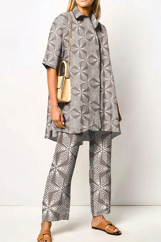 Fashion Geometric Print Short Sleeve Shirt Two Piece Set
