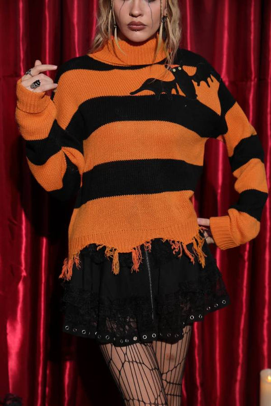 Halloween Outfits Bat Stripe Graphics Ripped Irregular Fall Winter Jumpers