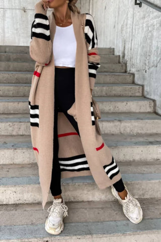 Elegant Striped Patchwork Loose Long Sleeve Sweater Cardigan