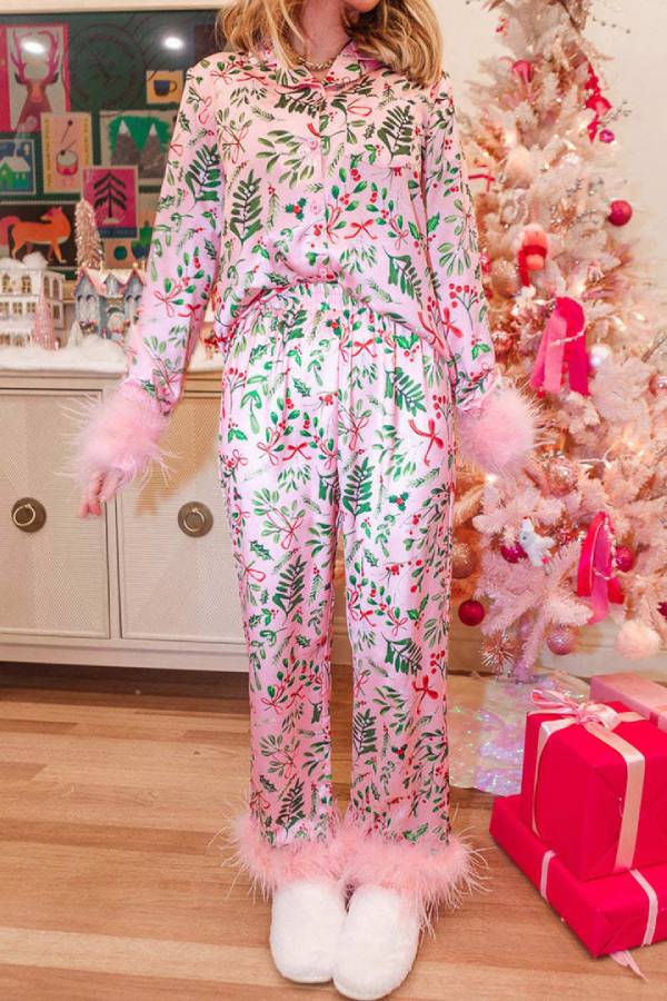 Christmas satin printed casual long sleeved long pants pajama set