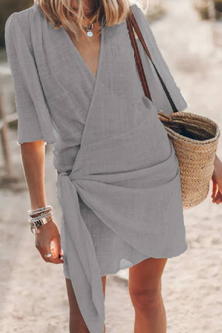 Cotton Linen Blend Knotted Wrap Mini Dress