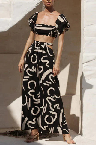 Bubble sleeve top hollowed out large swing long skirt set