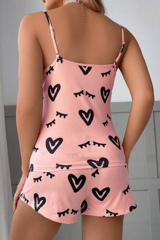 Heart & Eyelash Print Bow Pajama Set