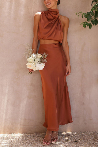 High Neck Satin Drape Maxi Skirt Set