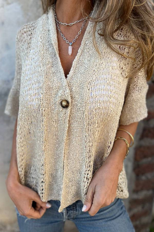 One Button Mid Sleeve Hollow Knitted Cardigan